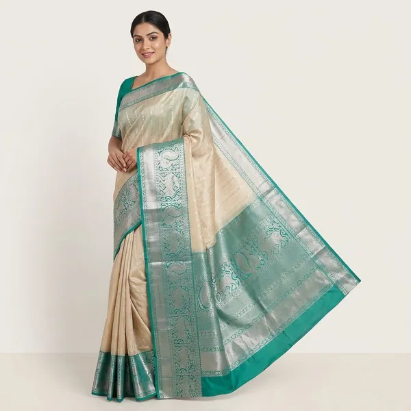 Luminous_Ivory_Soft_Cream_Emerald_Green_With_Silver_Zari_Elephant_And_Peacock_Motifs_Pure_Soft_Silk_Saree_With_Blouse