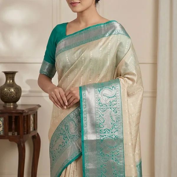 Luminous_Ivory_Soft_Cream_Emerald_Green_With_Silver_Zari_Elephant_And_Peacock_Motifs_Pure_Soft_Silk_Saree_With_Blouse