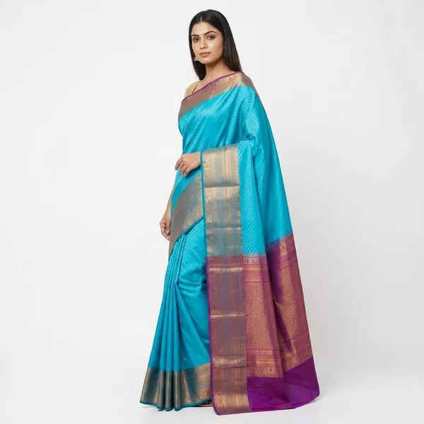 Tropical_Turquoise_Blue_With_Antique_Copper_Zari_Border_With_Contrast_Deep_Magenta_Zari_Pallu_Pure_Soft_Silk_Saree_With_Blouse