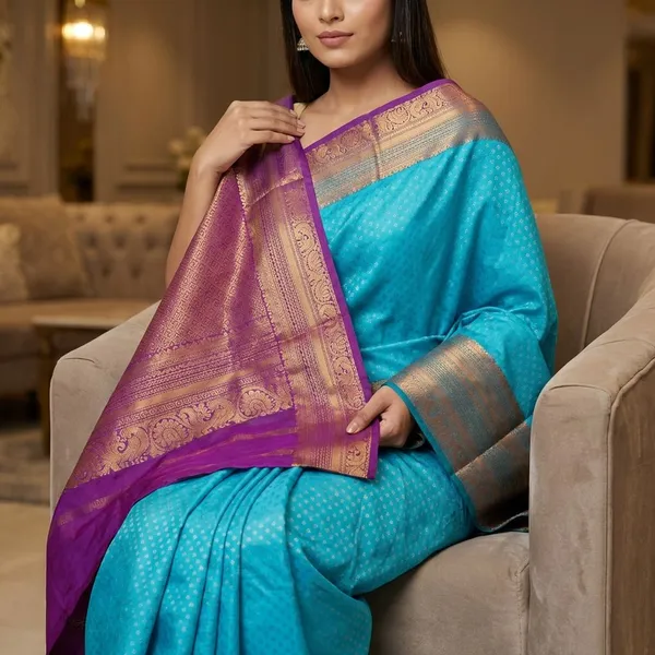 Tropical_Turquoise_Blue_With_Antique_Copper_Zari_Border_With_Contrast_Deep_Magenta_Zari_Pallu_Pure_Soft_Silk_Saree_With_Blouse
