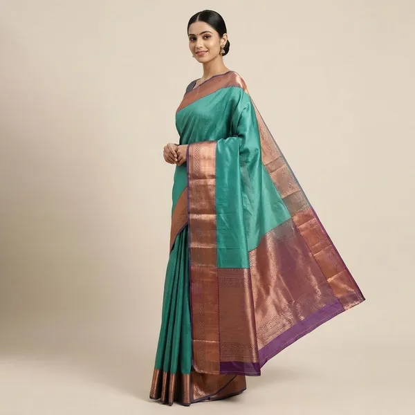 Seafoam_Green_With_Broad_Antique_Copper_Zari_Border_Pure_Soft_Silk_Saree_With_Blouse