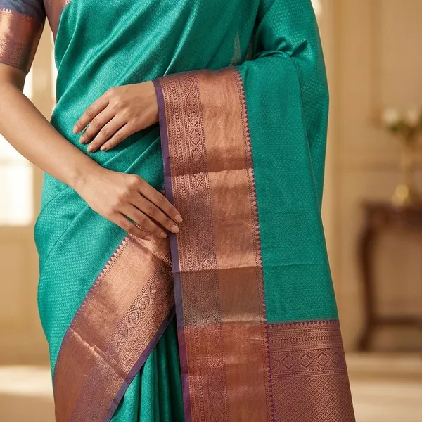 Seafoam_Green_With_Broad_Antique_Copper_Zari_Border_Pure_Soft_Silk_Saree_With_Blouse