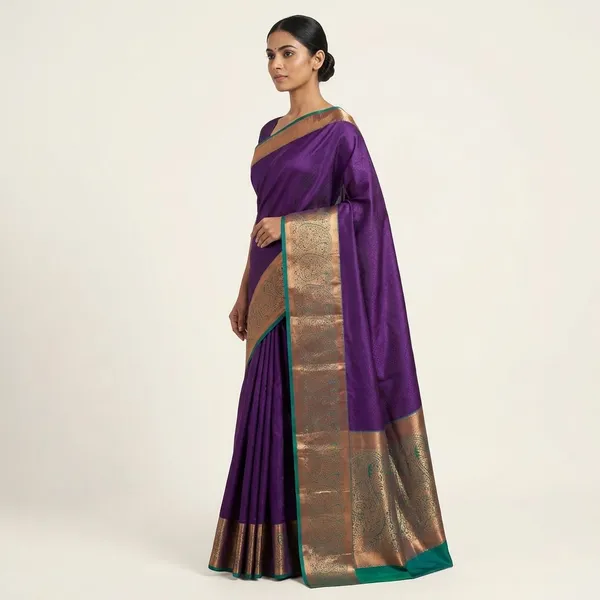 Royal_Purple_With_Antique_Copper_And_Teal_Accents_Pure_Soft_Silk_Saree_With_Blouse