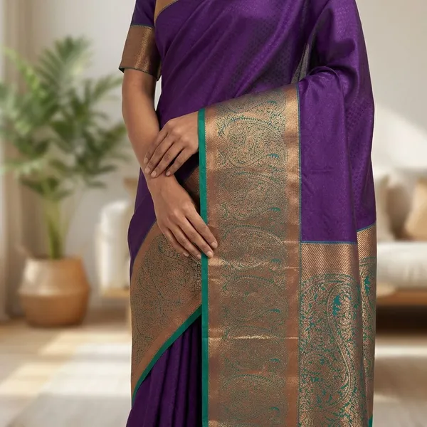 Royal_Purple_With_Antique_Copper_And_Teal_Accents_Pure_Soft_Silk_Saree_With_Blouse
