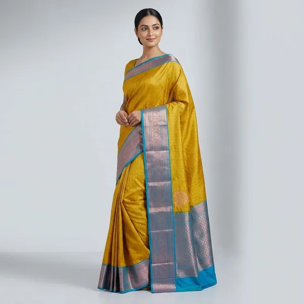 Mustard_Gold_Body_With_Peacock_Blue_Contrast_Pure_Soft_Silk_Saree_With_Blouse