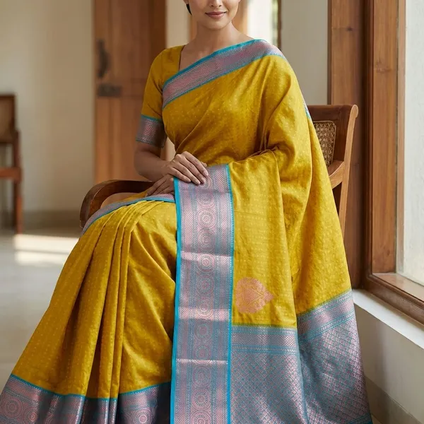 Mustard_Gold_Body_With_Peacock_Blue_Contrast_Pure_Soft_Silk_Saree_With_Blouse