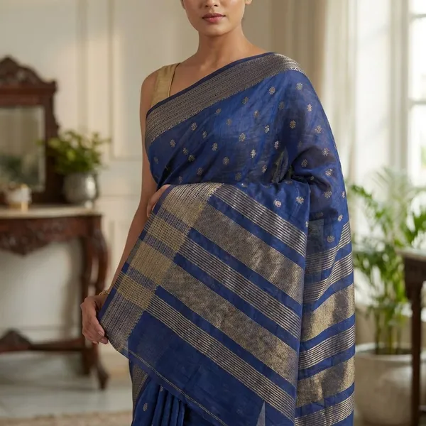 Royal_Blue_Body_With_Minimal_Silver_And_Gold_Zari_Buttas_And_Antique_Silver_Zari_Border_Fancy_Soft_Silk_Saree_With_Blouse