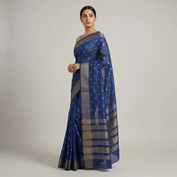 Royal_Blue_Body_With_Minimal_Silver_And_Gold_Zari_Buttas_And_Antique_Silver_Zari_Border_Fancy_Soft_Silk_Saree_With_Blouse