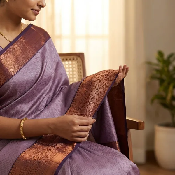 Pink_Lavender_With_Antique_Copper_Zari_And_Deep_Contrast_Accents_Pure_Soft_Silk_Saree_With_Blouse