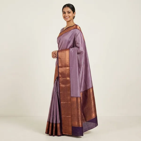 Pink_Lavender_With_Antique_Copper_Zari_And_Deep_Contrast_Accents_Pure_Soft_Silk_Saree_With_Blouse