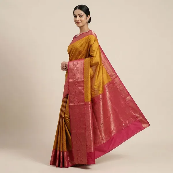 Mustard_Gold_With_Contrast_Rose_Pink_Zari_Border_Pure_Soft_Silk_Saree_With_Blouse