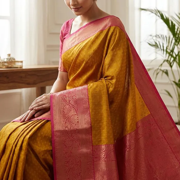 Mustard_Gold_With_Contrast_Rose_Pink_Zari_Border_Pure_Soft_Silk_Saree_With_Blouse