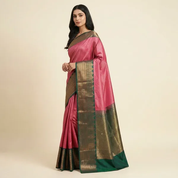 Rose_Pink_Body_With_Deep_Teal_Contrast_Border_Pure_Soft_Silk_Saree_With_Blouse