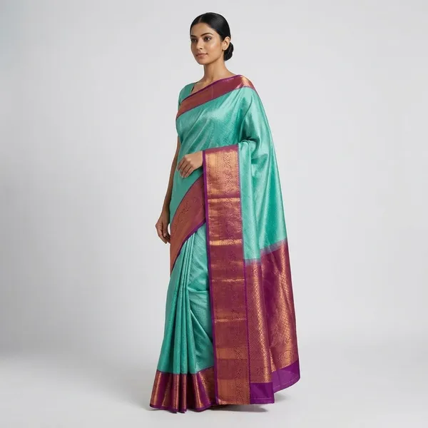 Mint_Aqua_With_Royal_Magenta_Contrast_Border_Pure_Kanjivaram_Soft_Silk_Saree_With_Blouse