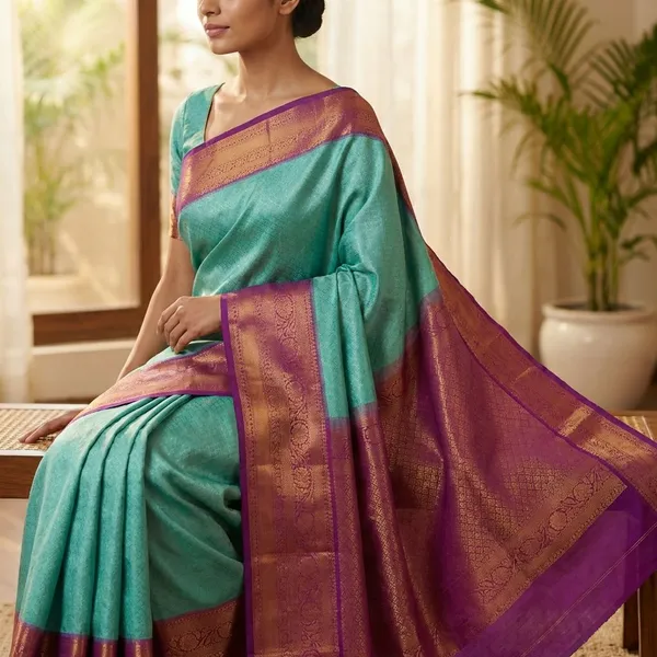 Mint_Aqua_With_Royal_Magenta_Contrast_Border_Pure_Kanjivaram_Soft_Silk_Saree_With_Blouse