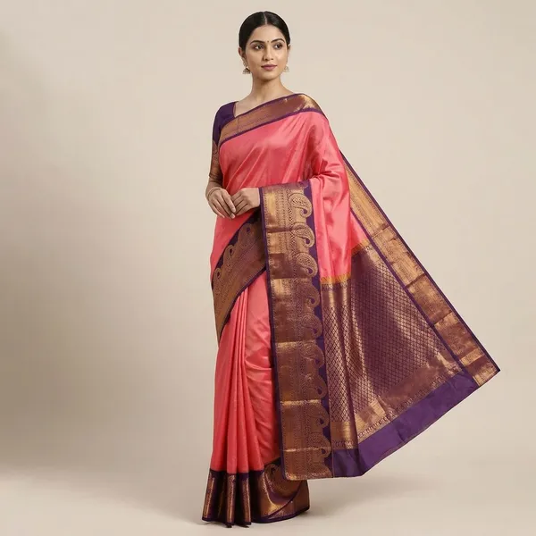 Coral_Pink_Warm_Rose_With_Deep_Purple_Contrast_Edge_Pure_Soft_Silk_Saree_With_Blouse