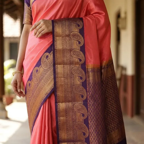 Coral_Pink_Warm_Rose_With_Deep_Purple_Contrast_Edge_Pure_Soft_Silk_Saree_With_Blouse