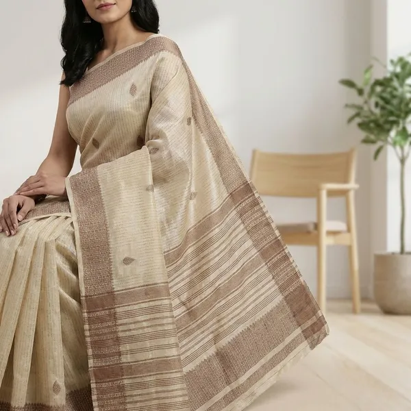 Natural_Ivory_Soft_Beige_With_Minimal_Leaf_Inspired_Woven_Buttas_And_Gold_Geometric_Woven_Border_Fancy_Soft_Silk_Saree_With_Blouse