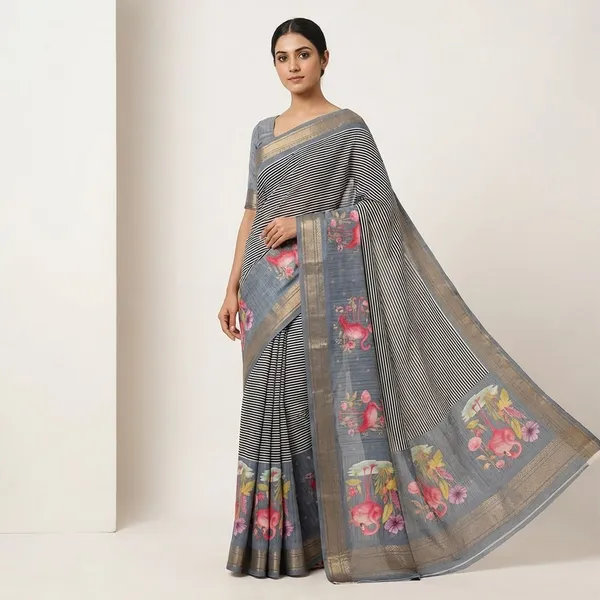 Fine_Black_And_Ivory_Striped_Weave_With_Subtle_Dot_Accents_And_Slate_Blue_Grey_Border_Fancy_Soft_Silk_Saree_With_Blouse