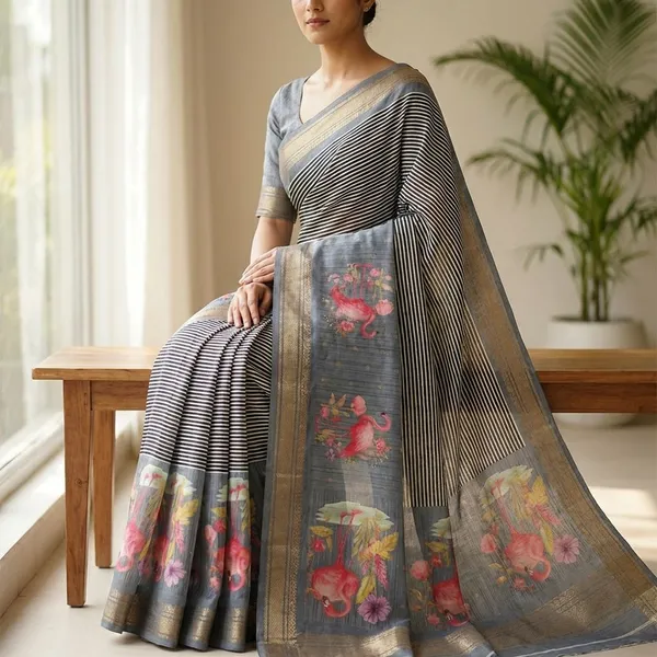 Fine_Black_And_Ivory_Striped_Weave_With_Subtle_Dot_Accents_And_Slate_Blue_Grey_Border_Fancy_Soft_Silk_Saree_With_Blouse