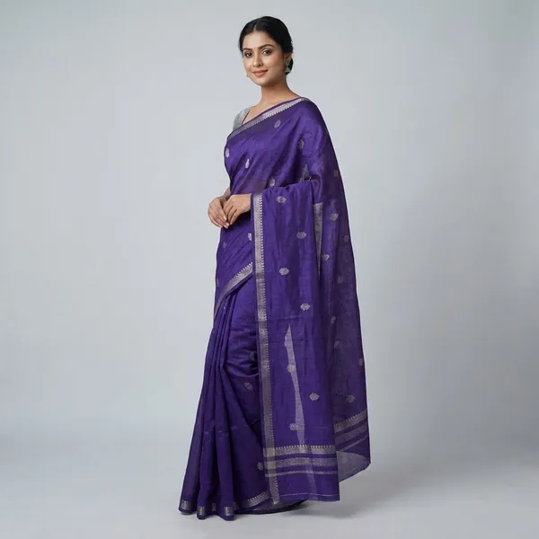 Deep_Violet_Royal_Purple_With_Minimal_Silver_And_Gold_Zari_Buttas_And_Antique_Silver_Zari_Border_Fancy_Soft_Silk_Saree_With_Blouse