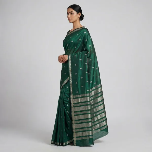 Deep_Forest_Green_With_Minimal_Silver_And_Gold_Zari_Buttas_And_Antique_Silver_Zari_Border_Fancy_Soft_Silk_Saree_With_Blouse