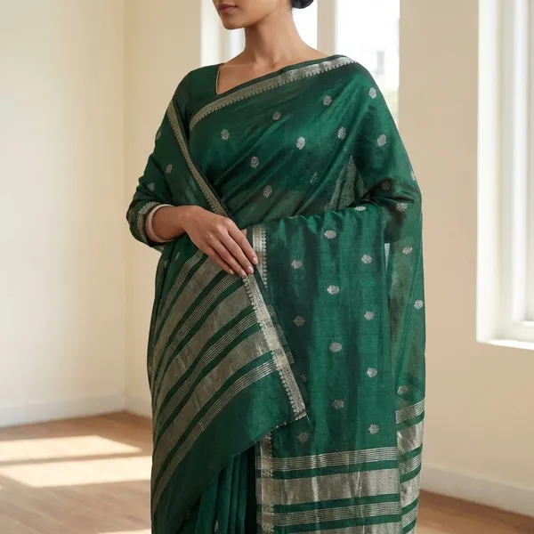 Deep_Forest_Green_With_Minimal_Silver_And_Gold_Zari_Buttas_And_Antique_Silver_Zari_Border_Fancy_Soft_Silk_Saree_With_Blouse