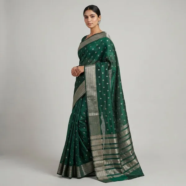 Deep_Forest_Green_With_Small_Silver_And_Gold_Zari_Buttas_Along_With_Antique_Silver_And_Gold_Zari_Border_Fancy_Soft_Silk_Saree_With_Blouse