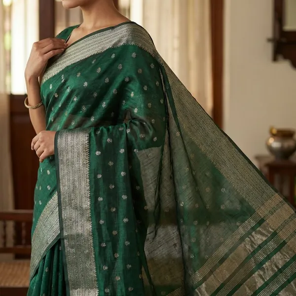 Deep_Forest_Green_With_Small_Silver_And_Gold_Zari_Buttas_Along_With_Antique_Silver_And_Gold_Zari_Border_Fancy_Soft_Silk_Saree_With_Blouse
