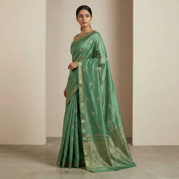 Muted_Leaf_Green_With_Antique_Gold_Zari_Border_And_Katha_Buttas_Fancy_Soft_Silk_Saree_With_Blouse
