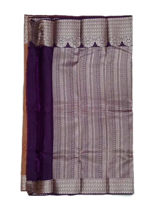 Burnt_Umber_Brown_And_Royal_Aubergine_With_Antique_Silver_Zari_Pure_Soft_Silk_Saree_With_Blouse
