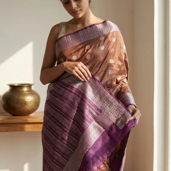 Burnt_Umber_Brown_And_Royal_Aubergine_With_Antique_Silver_Zari_Pure_Soft_Silk_Saree_With_Blouse