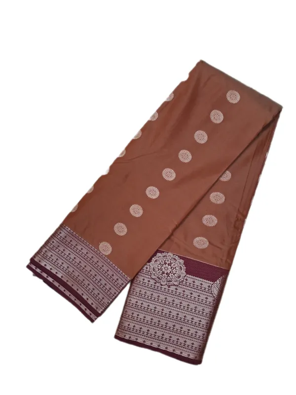 Burnt_Umber_Brown_And_Royal_Aubergine_With_Antique_Silver_Zari_Pure_Soft_Silk_Saree_With_Blouse
