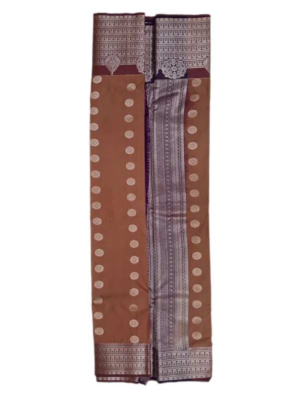 Burnt_Umber_Brown_And_Royal_Aubergine_With_Antique_Silver_Zari_Pure_Soft_Silk_Saree_With_Blouse