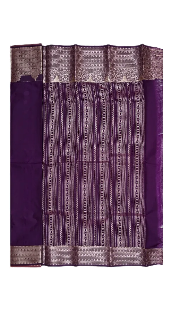 Burnt_Umber_Brown_And_Royal_Aubergine_With_Antique_Silver_Zari_Pure_Soft_Silk_Saree_With_Blouse
