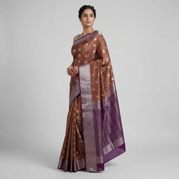 Burnt_Umber_Brown_And_Royal_Aubergine_With_Antique_Silver_Zari_Pure_Soft_Silk_Saree_With_Blouse