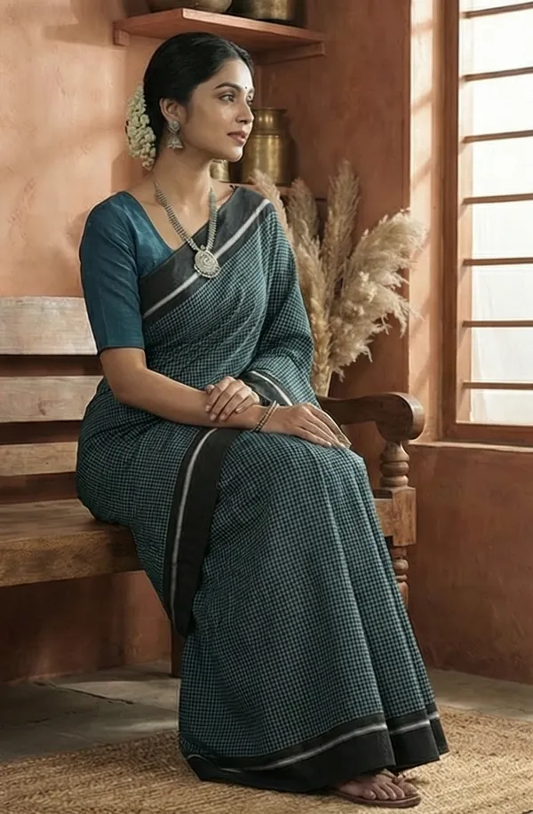 Patteda_Anchu_Handloom_Cotton_Saree_with_Blouse_-_Deep_Emredal_Green_with_contrasting_ivory-white_checks