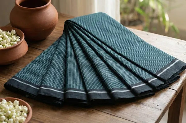 Patteda_Anchu_Handloom_Cotton_Saree_with_Blouse_-_Deep_Emredal_Green_with_contrasting_ivory-white_checks