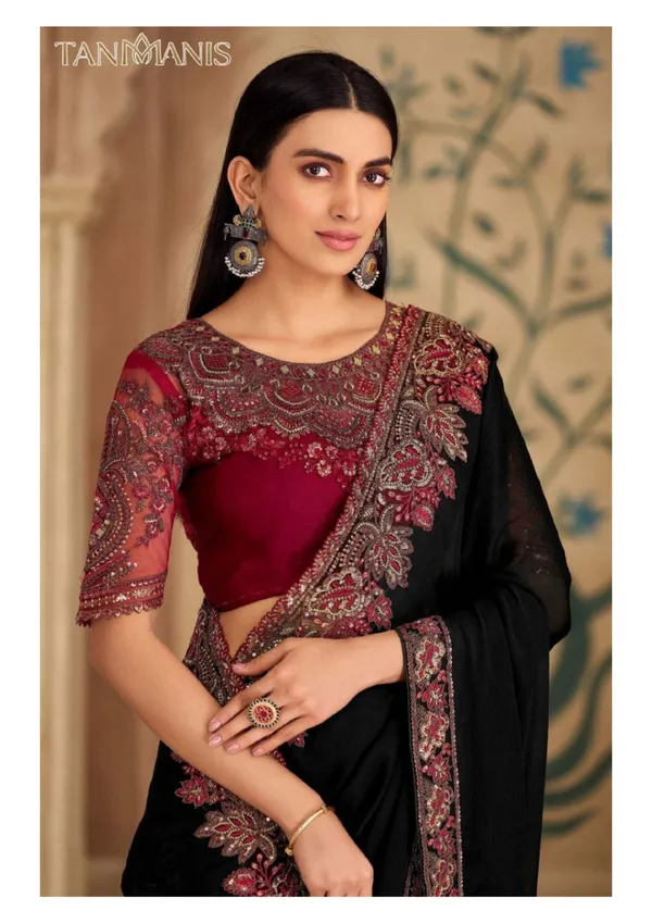 Fancy_Tissue_georgette_Saree_with_Blouse_-_Classic_jet_black_saree_with_deep_wine_red_embroidered_border