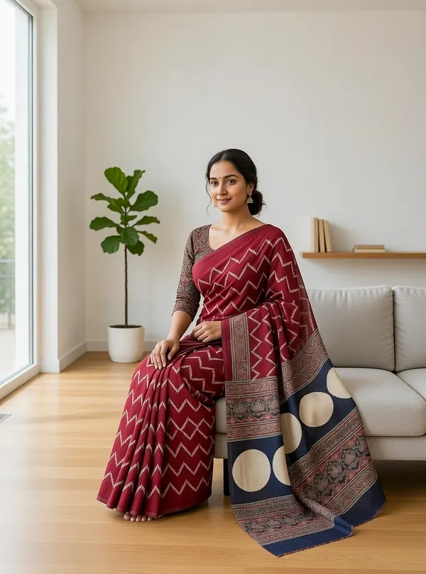 Modal_Silk_with_Block_Print_saree_with_Blouse_-_Maroon,_ivory,_deep_navy,_indigo_&_muted_teal