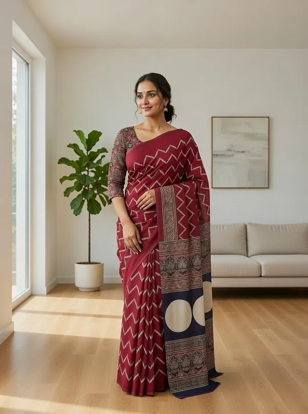 Modal_Silk_with_Block_Print_saree_with_Blouse_-_Maroon,_ivory,_deep_navy,_indigo_&_muted_teal