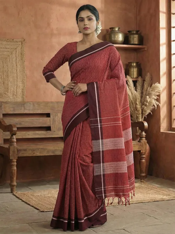 Patteda_Anchu_Handloom_Cotton_Saree_with_Blouse_-_Deep_Maroon_with_contrasting_ivory-white_checks