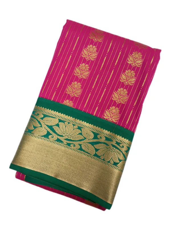 Rani_Pink_With_Emerald_Green_Contrast_Border_Pure_Kanjivaram_Soft_Silk_Saree_With_Blouse