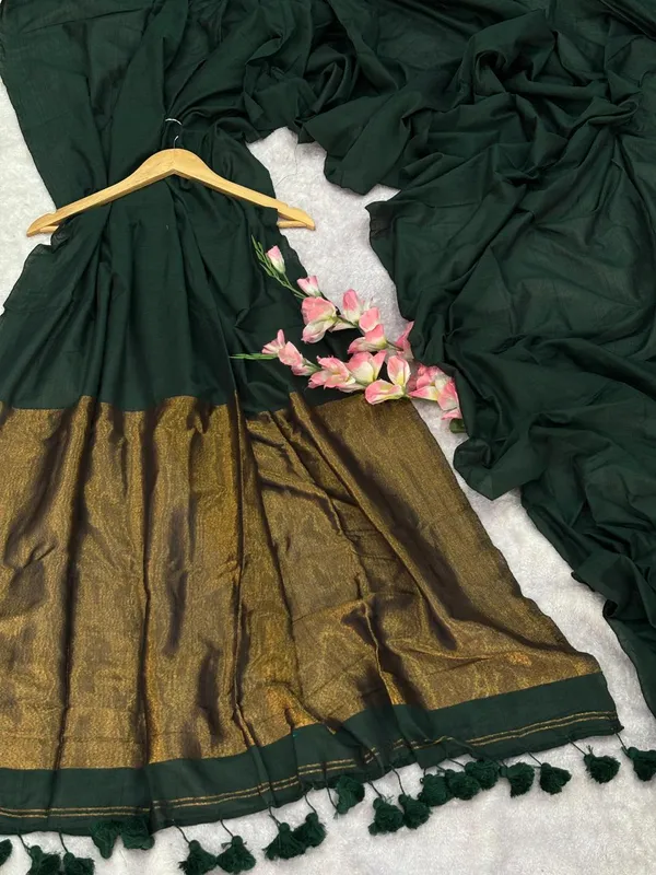 Khadi_cotton_saree_with_Blouse_-_Deep_emerald_Green_color_with_golden_lagdi_pallu_work