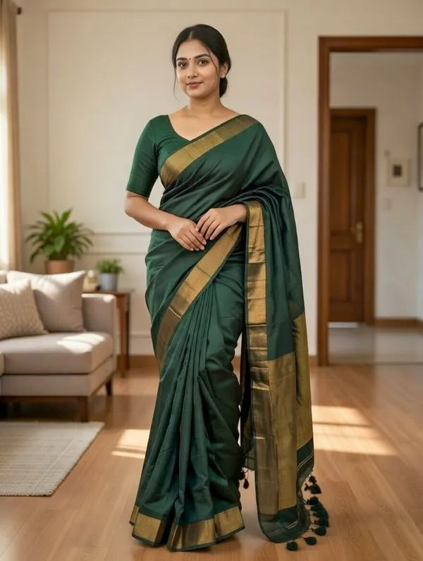 Khadi_cotton_saree_with_Blouse_-_Deep_emerald_Green_color_with_golden_lagdi_pallu_work