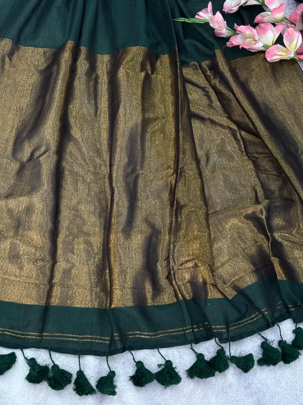 Khadi_cotton_saree_with_Blouse_-_Deep_emerald_Green_color_with_golden_lagdi_pallu_work