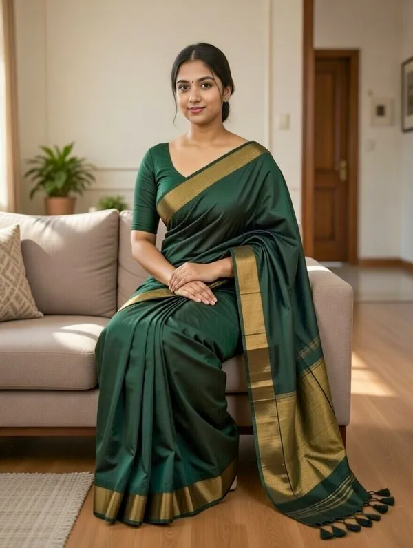 Khadi_cotton_saree_with_Blouse_-_Deep_emerald_Green_color_with_golden_lagdi_pallu_work