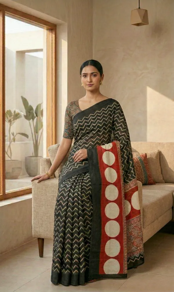 Modal_Silk_with_Block_Print_saree_with_Blouse_-_Deep_Black_with_Ivory_Chevron;_Heritage_Red_&_Beige_Accents