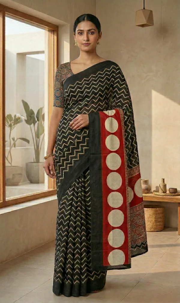 Modal_Silk_with_Block_Print_saree_with_Blouse_-_Deep_Black_with_Ivory_Chevron;_Heritage_Red_&_Beige_Accents