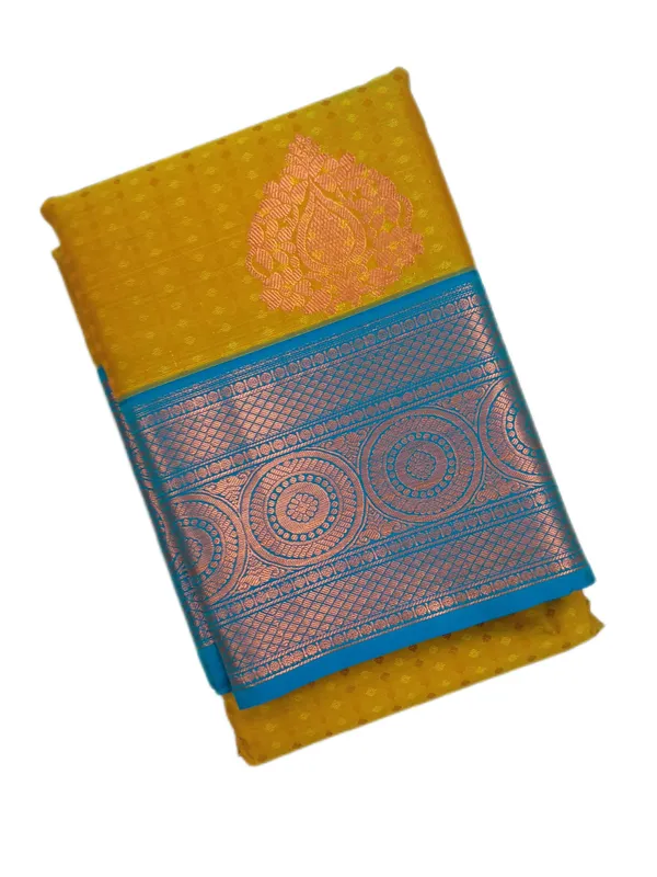 Mustard_Gold_Body_With_Peacock_Blue_Contrast_Pure_Soft_Silk_Saree_With_Blouse